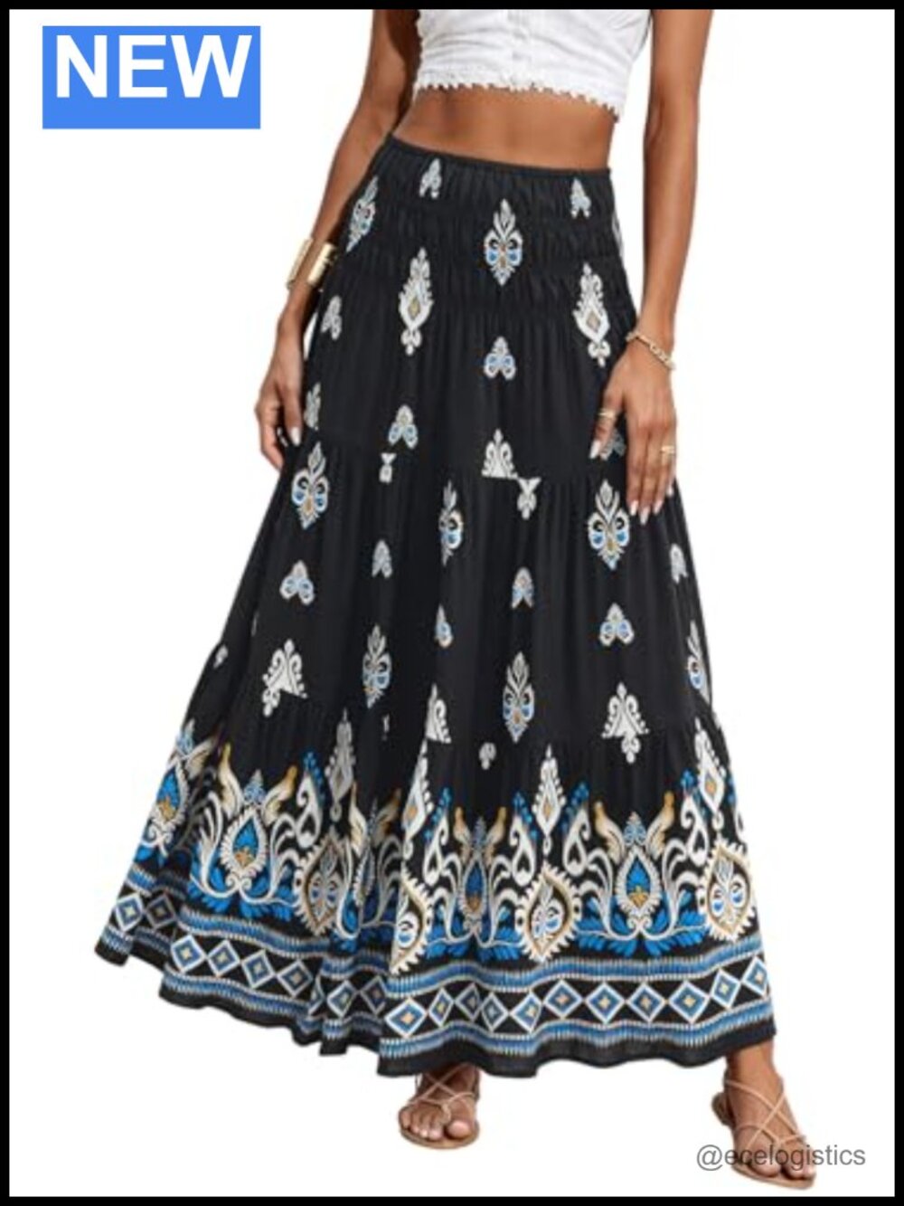 Floral Boho Maxi Skirt for Women Elastic High Waist A-Line Pleated Trendy